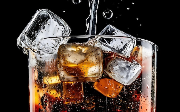 Foto soda em um copo em um fundo preto com cubos de gelo e gotas perto