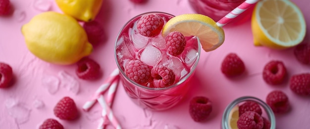 Foto soda de frambuesa y limón sobre un fondo rosado con frambuesas