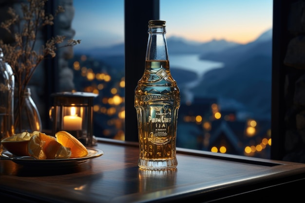 Soda in einer Glasflasche in einem Fenster mit Blick auf den Berg
