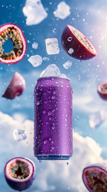 Soda puede cóctel bebida refrescante con vitaminas y frutas salpicaduras de hielo y colores brillantes maqueta