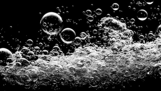 Soda-Wasserblasen spritzen unter Wasser gegen schwarzen Hintergrund