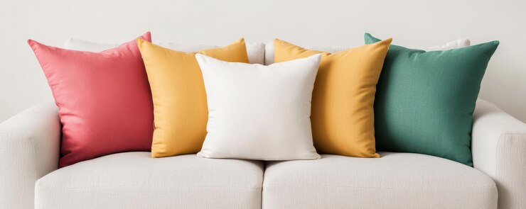 Sofá acogedor con coloridos cojines decorativos en vibrantes tonos de rosa amarillo y verde que crean una atmósfera cálida y acogedora