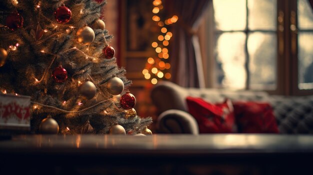 Sofá acogedor con una manta junto a la ventana con decorado en estilo navideño con bokeh