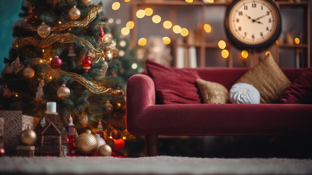 Foto sofa aconchegante com um cobertor junto à janela com decorado em estilo de natal com bokeh