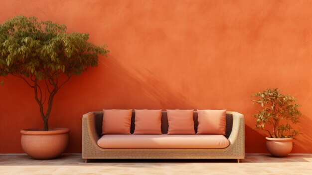 Sofa al aire libre frente a una pared de color terracota Muebles al aire libre.