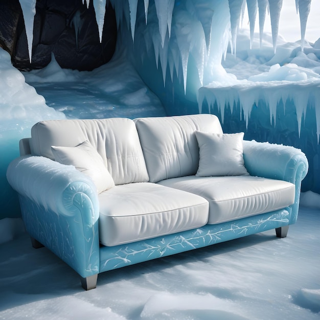 un sofá con almohadas y cojines en él y una pared cubierta de nieve