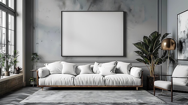 un sofá con almohadas y una imagen colgada en la pared