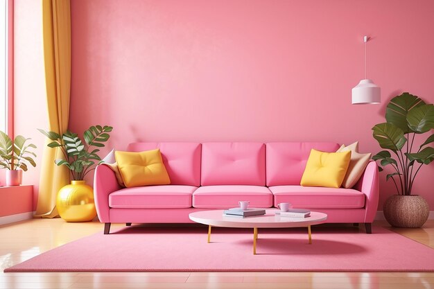 Sofa amarela em sala de estar rosa renderização 3D