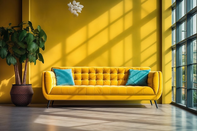 Sofá amarelo com paredes amarelas e plantas tropicais Design de interiores moderno de sala de estar