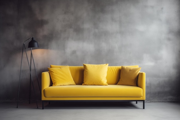 Sofá amarelo contra parede de concreto loft escandinavo design de interior de casa sala de estar moderna