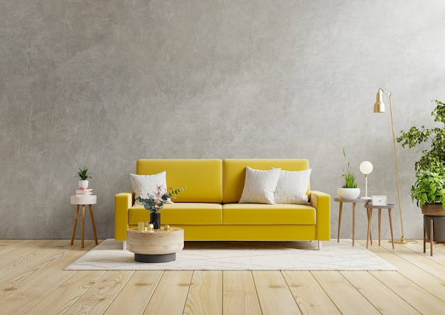 Sofá amarelo e uma mesa de madeira no interior da sala de estar com planta, parede de concreto. Renderização 3D