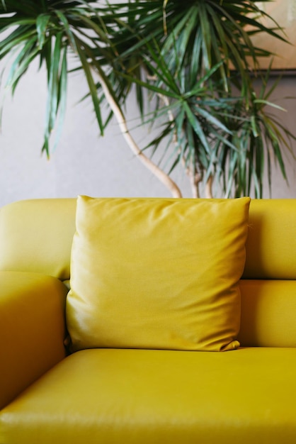 Sofá amarelo moderno com almofadas na sala de estar em casa