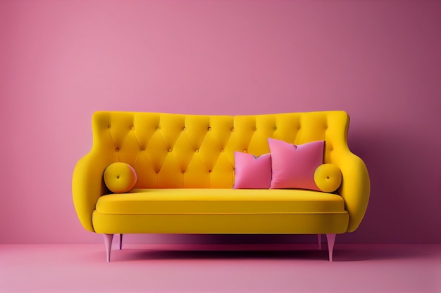 Un sofá amarillo con una almohada rosa en una habitación rosa.