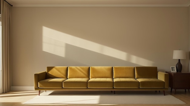 un sofá amarillo con un cojín blanco y una mesa blanca.