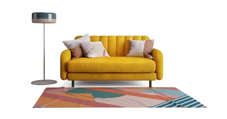 El sofá amarillo de estilo art déco y la lámpara de piso aislados3d rendering