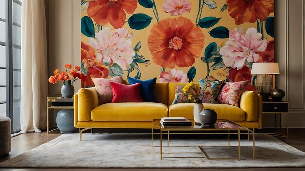 un sofá amarillo con flores en la pared y flores