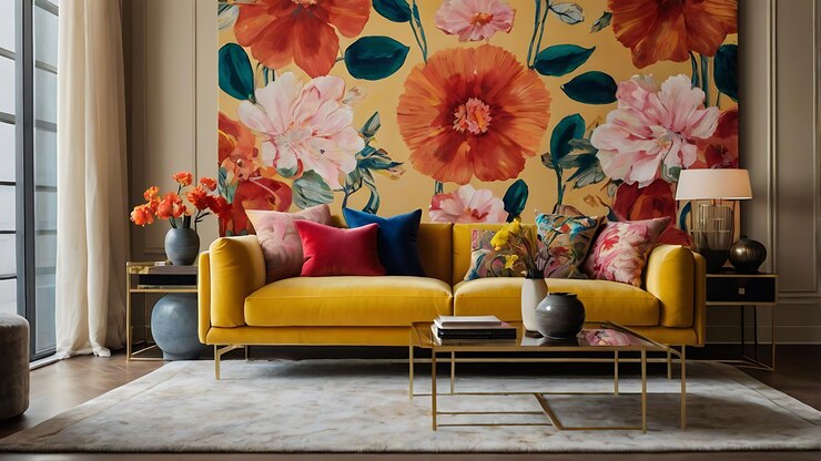 un sofá amarillo con flores en la pared y flores
