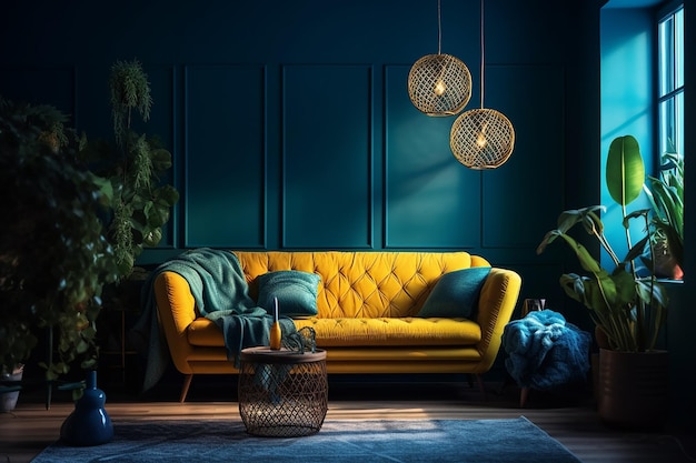 Un sofá amarillo en una habitación oscura con una planta en la esquina.