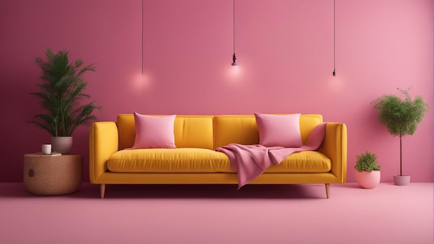 Un sofá amarillo hiperrealista con fondo de pared rosa 8k