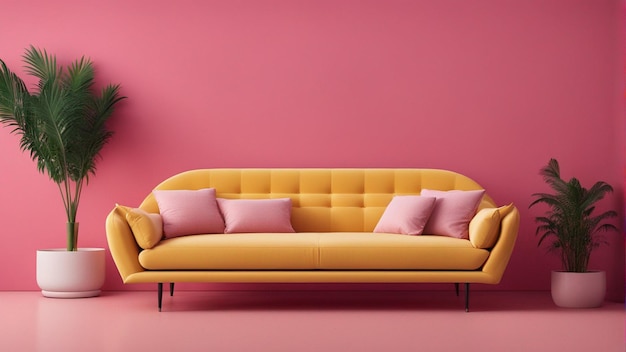Un sofá amarillo hiperrealista con fondo de pared rosa 8k