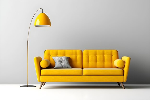 Foto un sofá amarillo junto a una lámpara.
