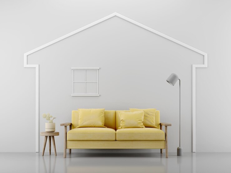 Sofá amarillo en la línea de la casa gráfica con lámpara y mesa auxiliar. Concepto para la decoración del hogar. Representación 3d