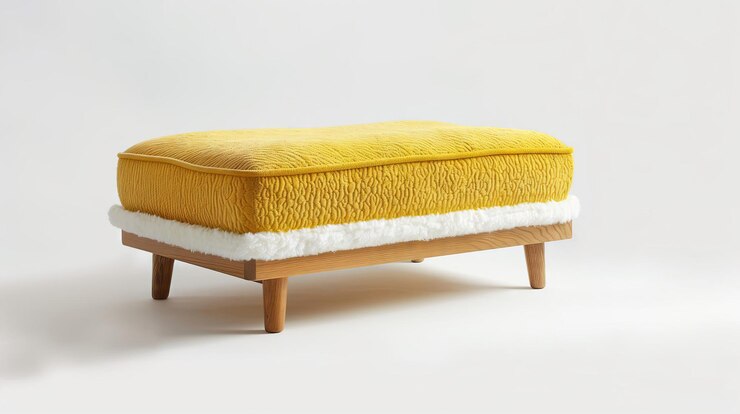 un sofá amarillo con una manta blanca en él