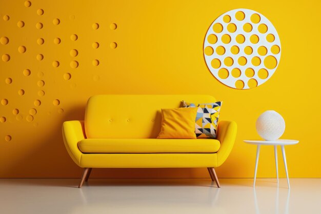 Foto sofá amarillo y mesa de café en contra de la pared con patrón circular