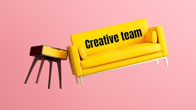 Un sofá amarillo con las palabras equipo creativo.