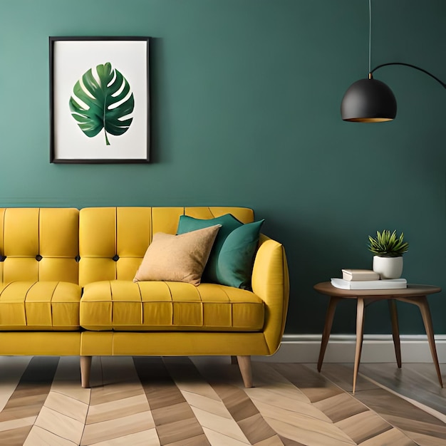 Un sofá amarillo con una pared verde y una hoja.