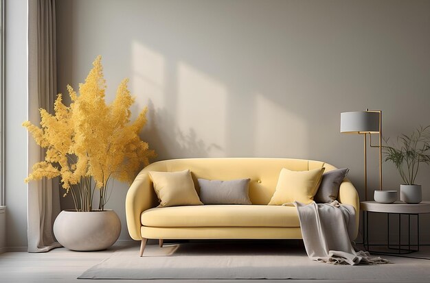 sofá amarillo en la sala de estar con fondo de pared gris
