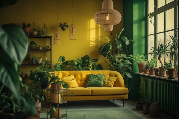 Un sofá amarillo en una sala de estar con una planta en la pared y una pared verde con plantas.