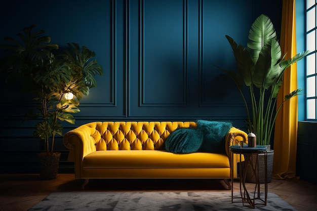 Un sofá amarillo en un salón con una planta al lado.