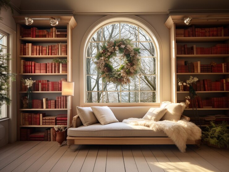 Foto sofá arafed em uma sala com uma coroa de flores na parede generativo ai