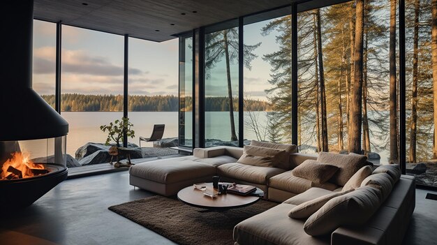 Foto sofa auf dem holzboden eines großen wohnzimmers in einem modernen haus oder luxushotel minimal-heiminterieur 3d