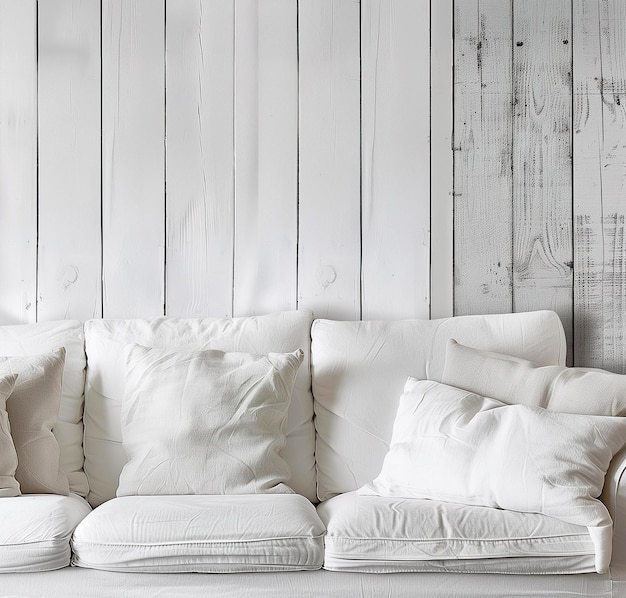 Sofa auf einer weißen Holzwand Landhaus Wohnzimmer Nahaufnahme Innenraum Mockup Vorlage für Wandkunst