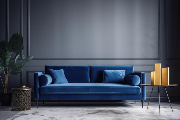 Un sofá azul con una almohada blanca y una mesa auxiliar de madera.
