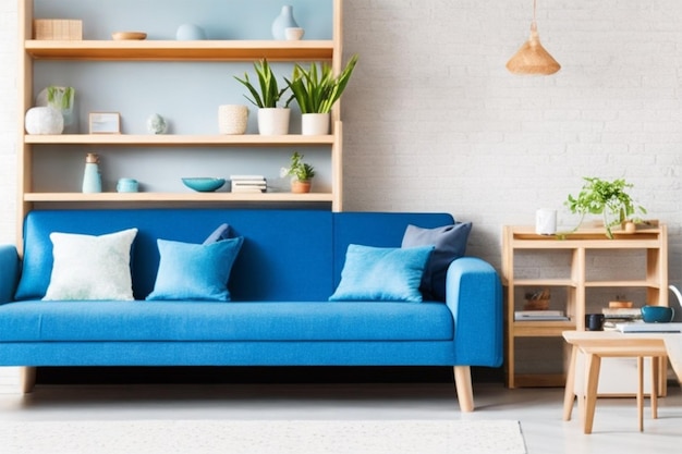 Un sofá azul con almohadas y estantes en una habitación