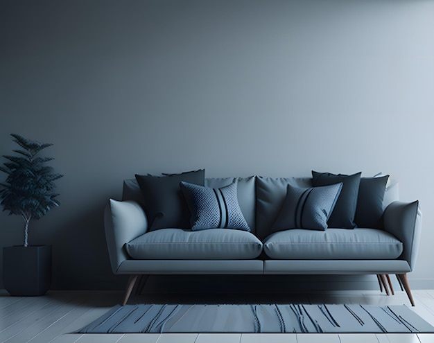 Un sofá azul con almohadones en una sala de estar con una planta en la pared.