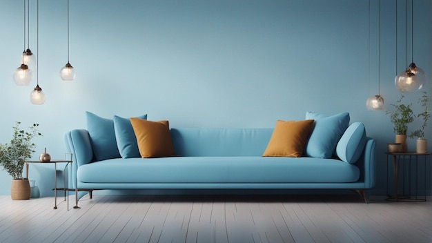 Un sofá azul cielo hiperrealista con fondo de pared azul claro 8k
