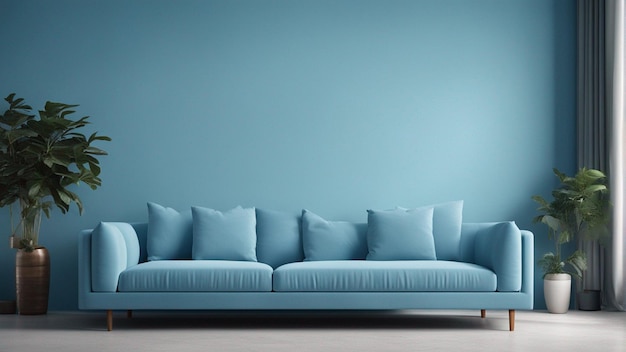 Un sofá azul cielo hiperrealista con fondo de pared azul claro 8k