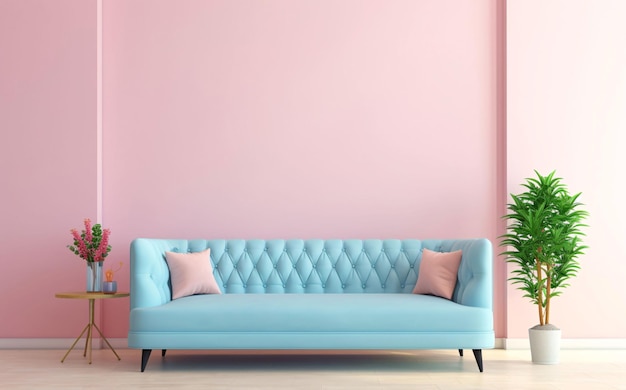 Sofá azul claro em conceito de design de interiores de sala de estar moderna em cor pastel rosa