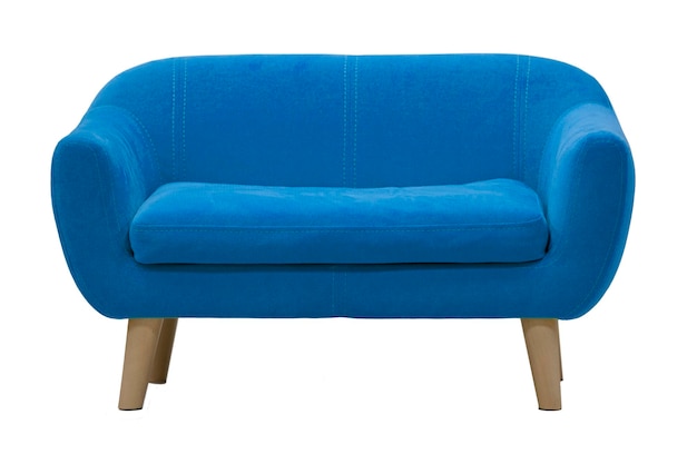 Foto sofá azul com pés de madeira em um fundo branco