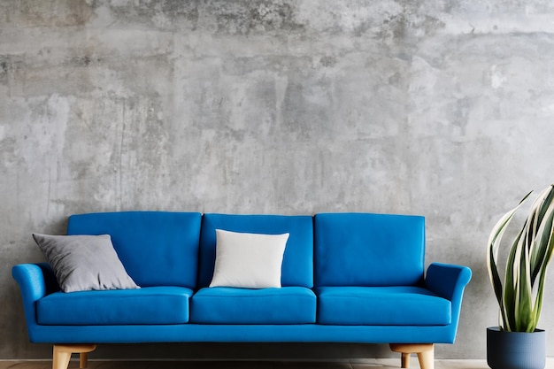 Sofa azul contra parede de concreto projeto de interior de casa escandinava de sala de estar moderna ai