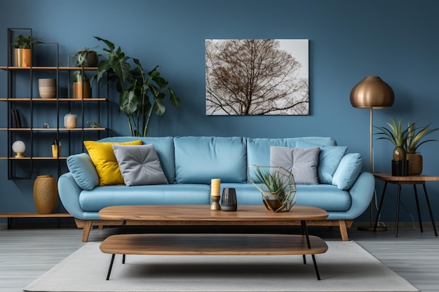 Sofa azul e mesa de café de madeira em design interior moderno da sala de estar