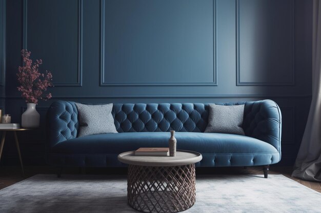 Sofa azul em interior de sala de estar moderna com móveis renderização 3D