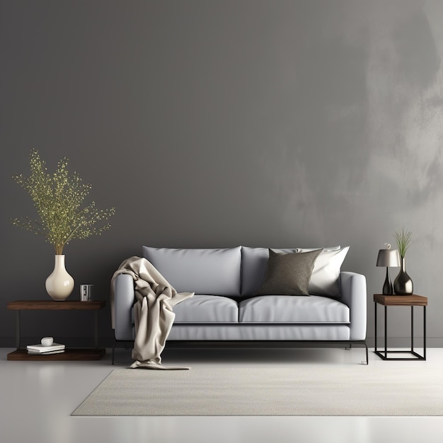 Sofá azul em uma sala de estar com parede cinza