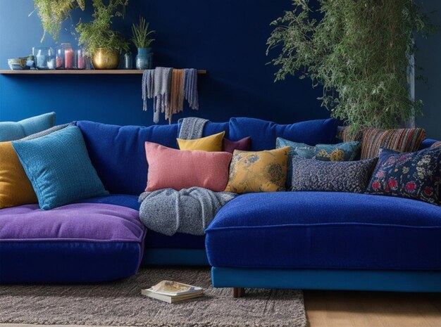 sofá azul escuro com várias almofadas coloridas