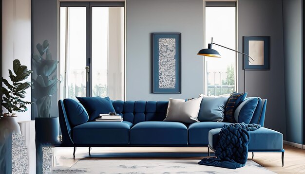 Sofá azul escuro e cadeira reclinável em apartamento escandinavo Design de interiores de sala de estar moderna