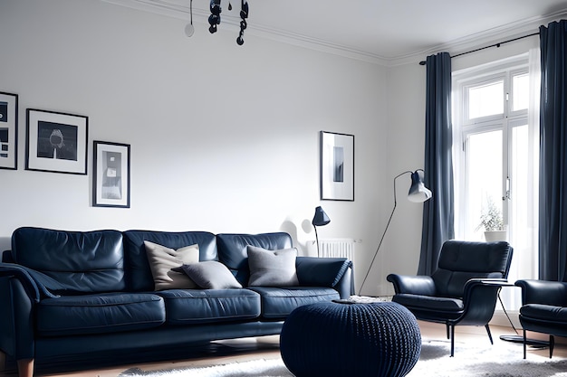 Sofa azul escuro e cadeira reclinável em apartamento escandinavo Design interior de sala de estar moderna